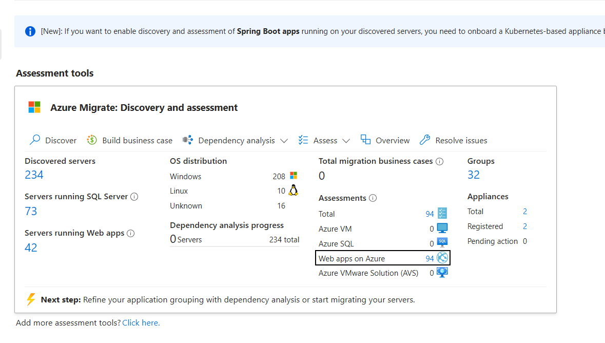 Screenshot of selecting the hyperlink to see the list of web app assessments.