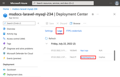 Screenshot showing how to open deployment logs in the deployment center.