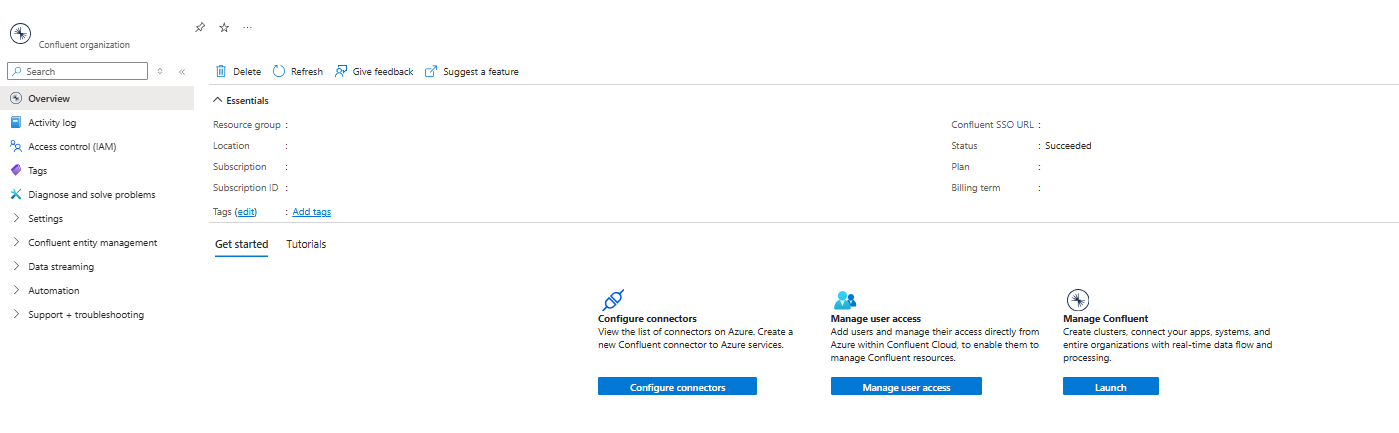 A screenshot of a Confluent resource in the Azure portal with the overview displayed in the working pane.