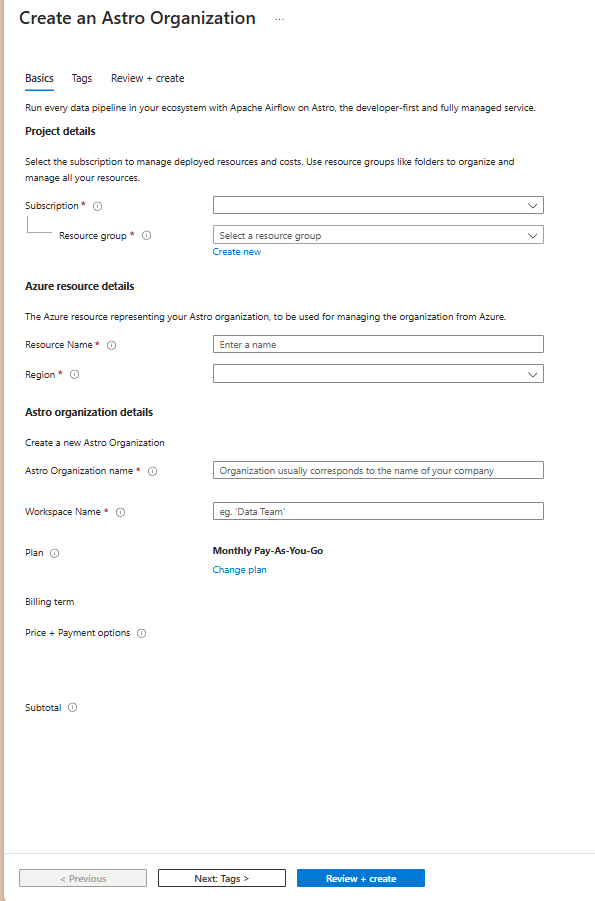 A screenshot of the Create an Astro Organization options inside of the Azure portal's working pane with the Basics tab displayed.