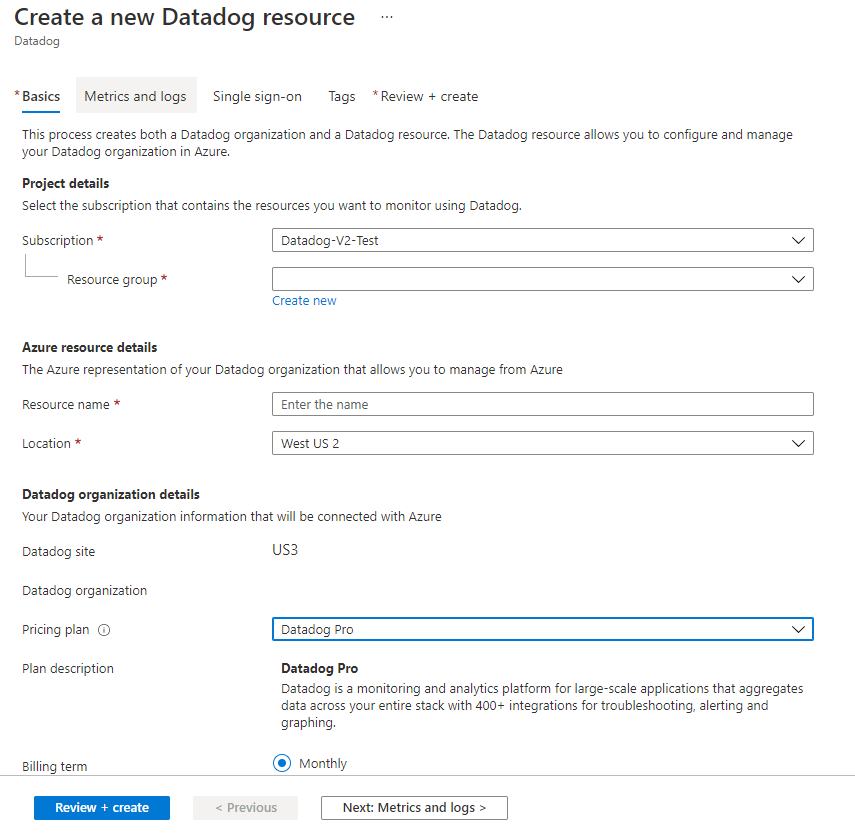Screenshot of the create Datadog resource.