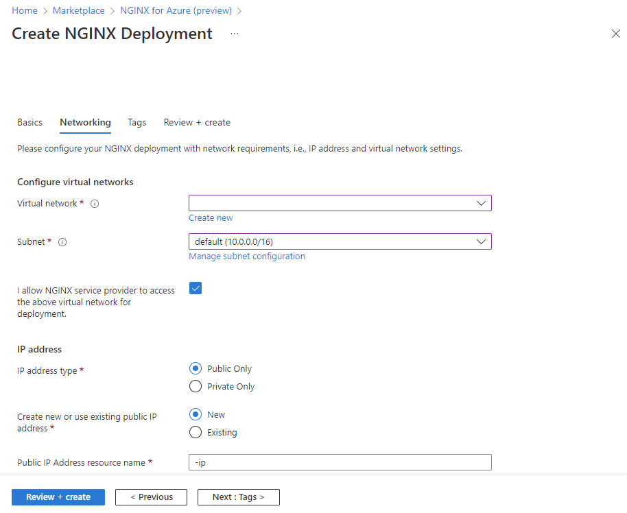 Screenshot of the networking pane in the NGINXaaS create experience.