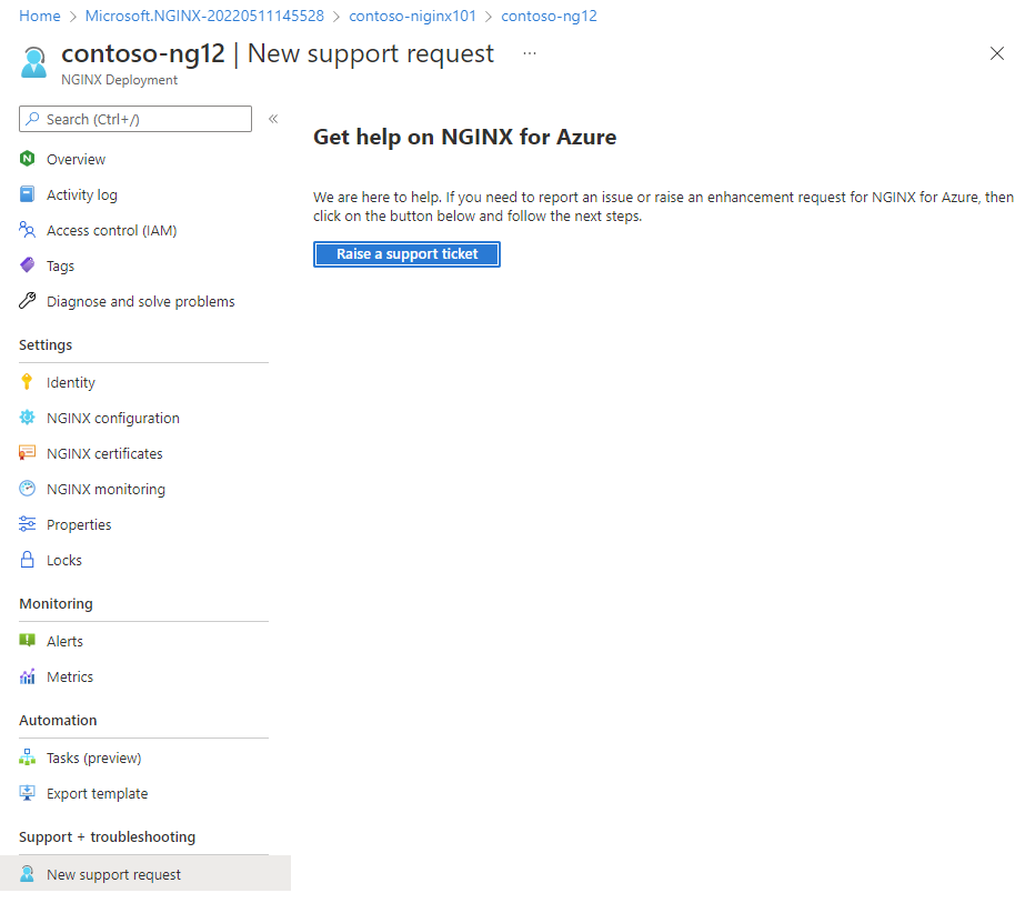 Screenshot of a new NGINXaaS support ticket.