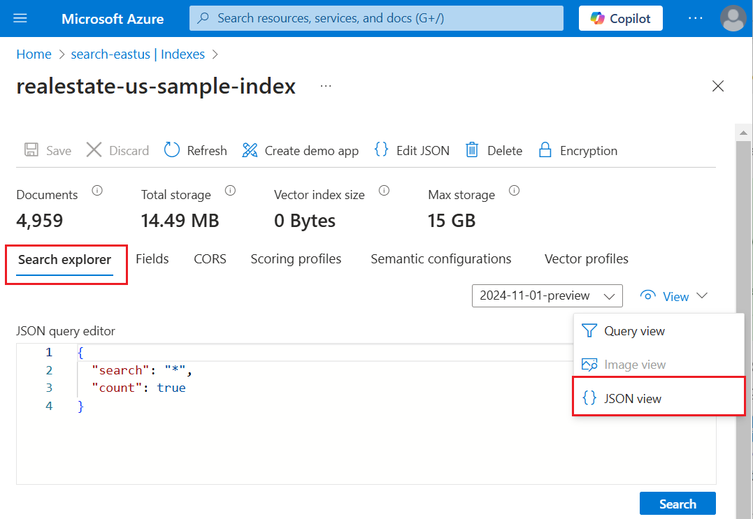 Screenshot of the JSON view selector.