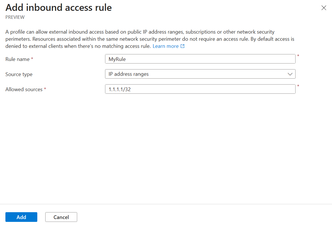 Screenshot of add inbound network security perimeter access rule screen filled out.