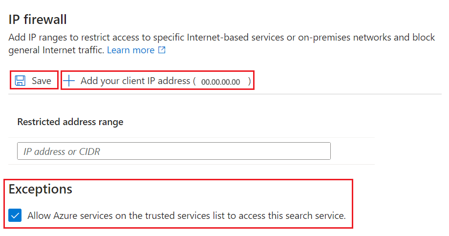 Screenshot showing how to configure the IP firewall in the Azure portal.