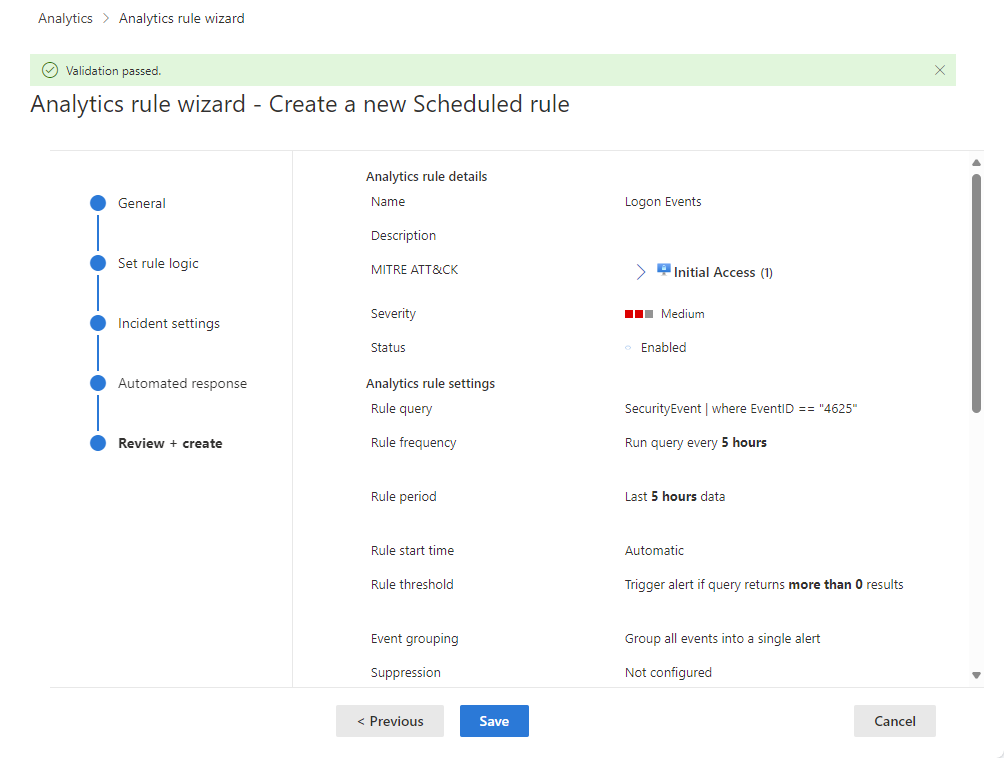 Screenshot of validation screen of analytics rule wizard in the Defender portal.