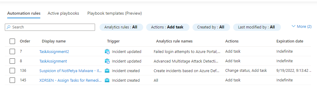 Screenshot showing the results of the filter on the automation rules grid.