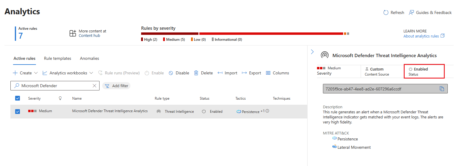 Screenshot that shows the Microsoft Defender Threat Intelligence Analytics rule enabled on the Active rules tab.