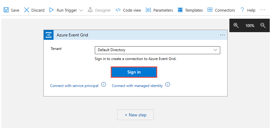 Screenshot that shows the Logic Apps Designer with the Sign-in button selected.