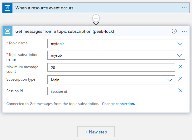 Screenshot that shows the Logic Apps Designer with the Service Bus topic and subscription specified.