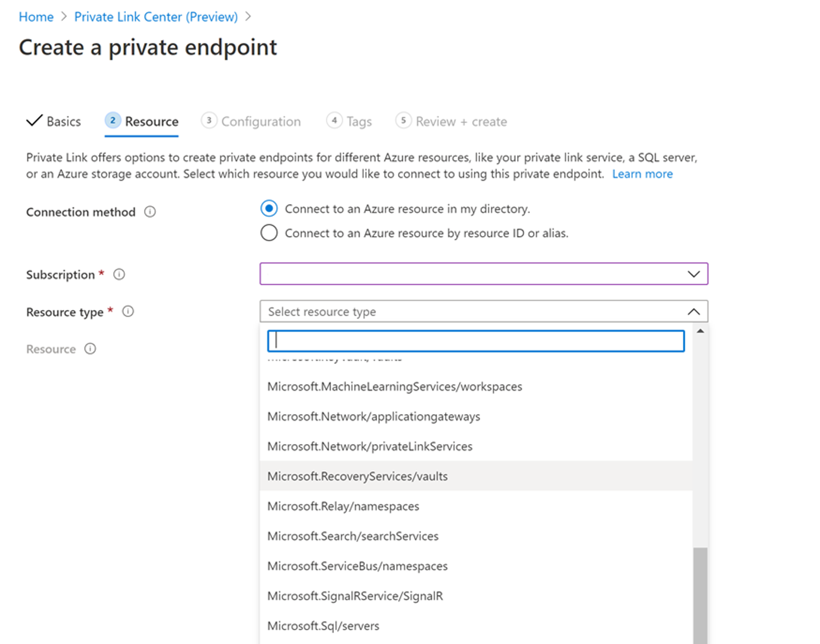 Shows the Resource tab, resource type, resource, and target sub-resource fields for linking to a private endpoint in the Azure portal.