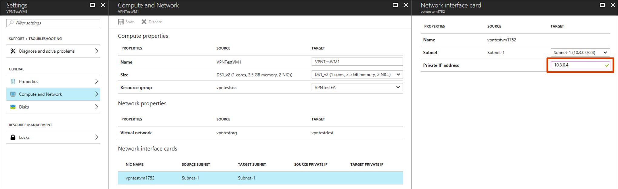 Screenshot that shows how to set a private IP address in the Site Recovery Network interface card pane