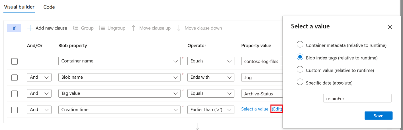 Screenshot of specifying a key in container metadata as part of the condition definition.