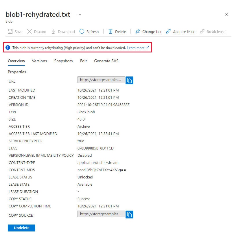 Screenshot showing destination blob in archive tier and rehydrating with High priority.