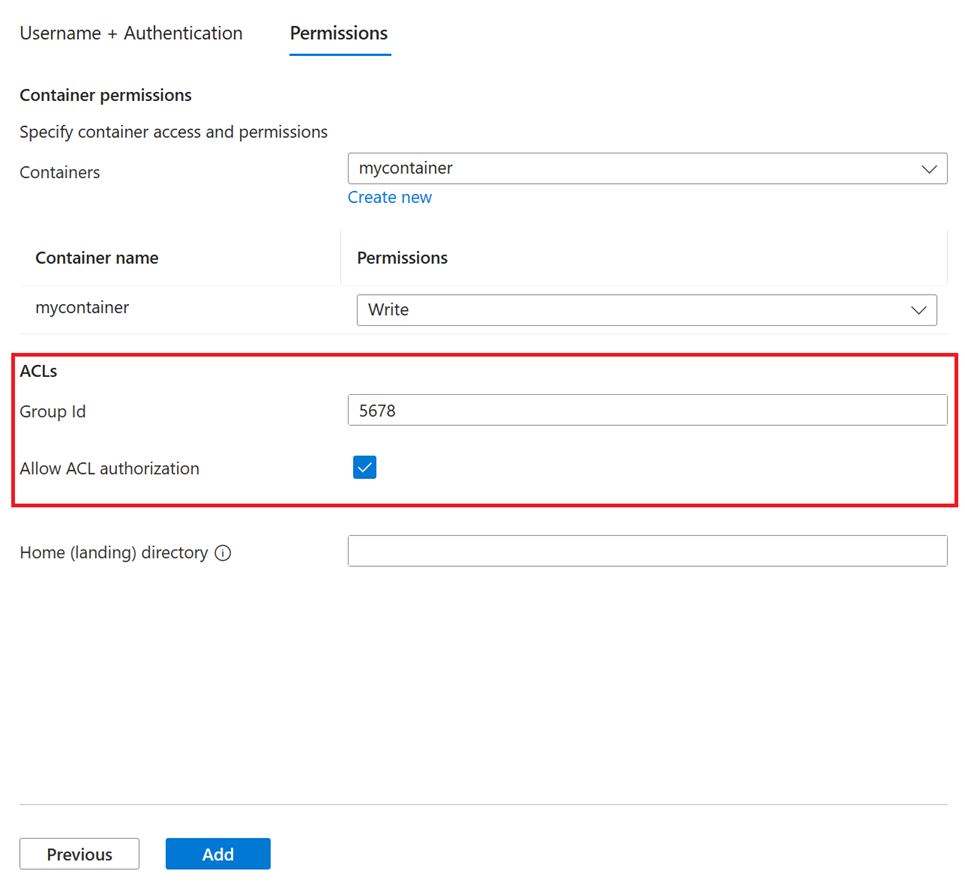 Screenshot of the group ID and ACL authorization checkbox.