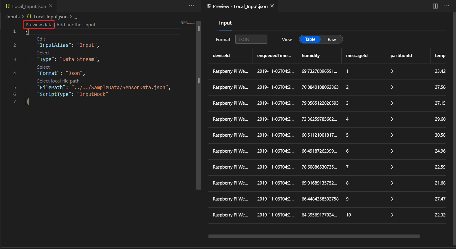 Preview local data in table format