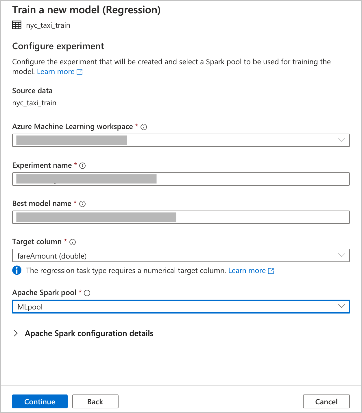 Screenshot of configuration specifications for training a machine learning model.