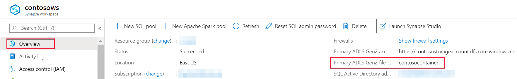 Screenshot of the Azure portal showing the name of the Data Lake Storage Gen2 file 'contosocontainer'.