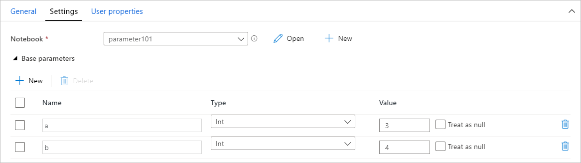 Screenshot of the area for assigning parameters in Azure Synapse Analytics.