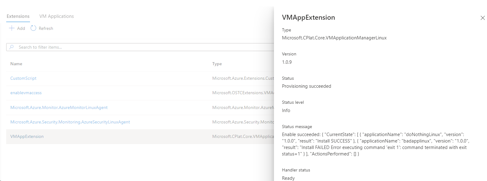 Screenshot showing VM application status.