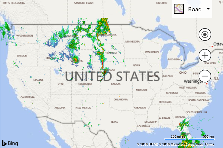 Screenshot of a Bing map that shows a weather radar over the physical map of the United States of America.