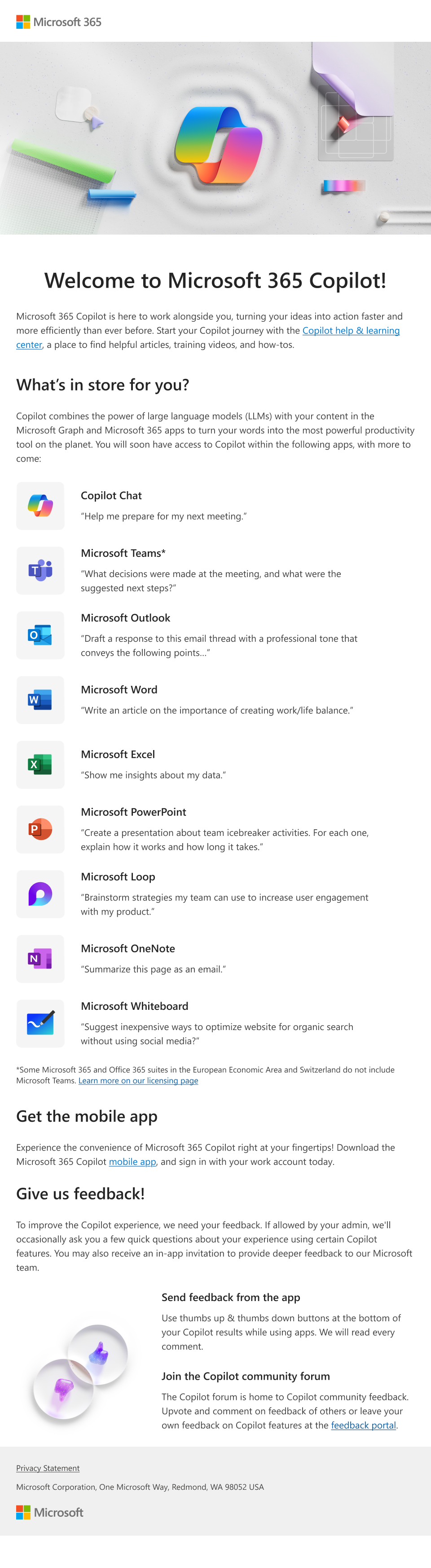 An image of an email introducing Microsoft 365 Copilot and its capabilities that an admin can provide to users.