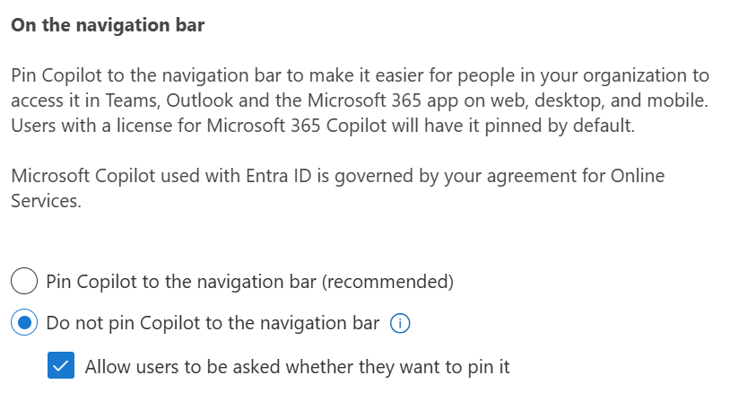 Screenshot showing the option to not pin Copilot to the navigation bar.