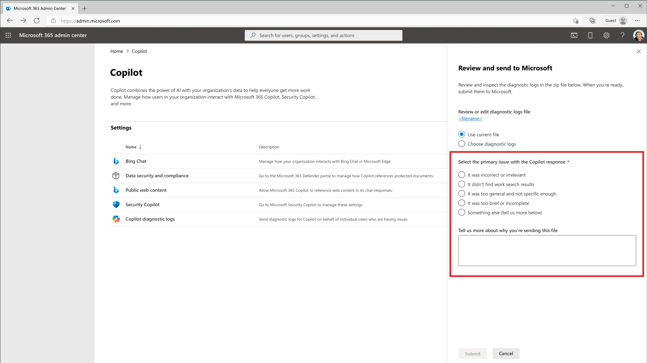 Screenshot showing the options to select from a list of predefined issues.