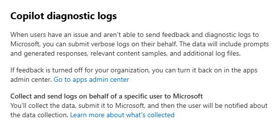 Screenshot that allows admins to collect Microsoft 365 Copilot diagnostic logs in the Microsoft 365 admin center.