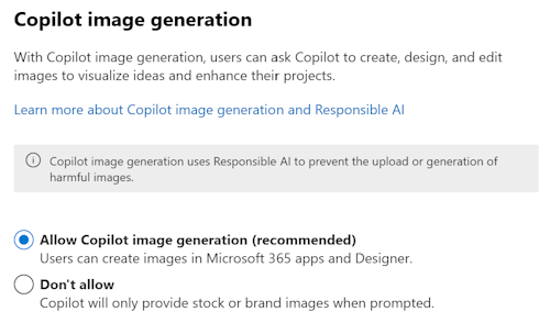 Screenshot that allows admins to allow or prevent end users from creating images using Microsoft 365 Copilot in the Microsoft 365 admin center.