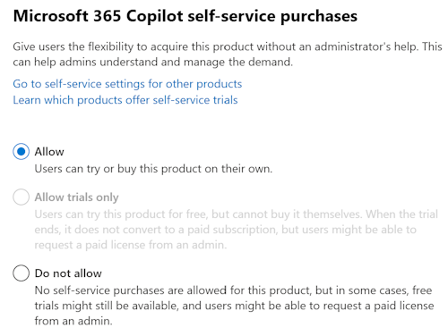 Screenshot that allows users to purchase Microsoft 365 Copilot without admin approval in the Copilot page in the Microsoft 365 admin center.