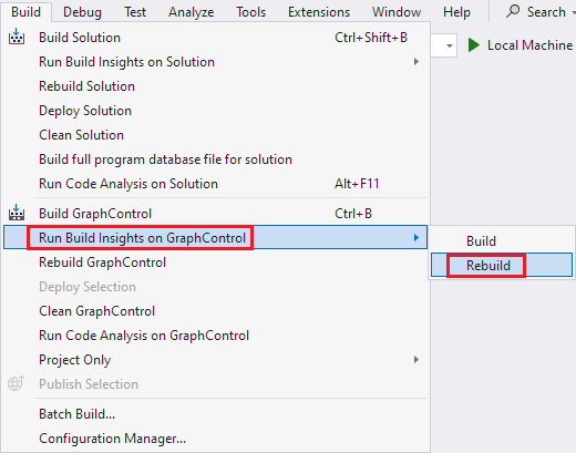 Screenshot of the main menu with Run Build Insights on Selection > Rebuild selected.