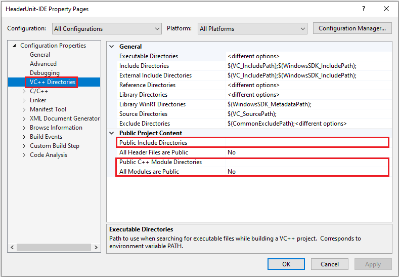 Screenshot that shows public project content properties, like Public Include Directories and All Header Files are Public.