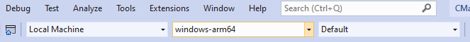 Screenshot showing the dropdowns for target system set to Local Machine, configuration set to windows-arm64, and build preset set to default.