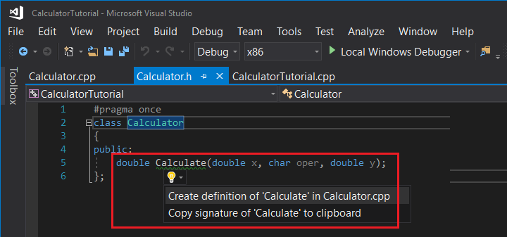 Video showing using the light bulb dropdown to select Create definition of Calculate in Calculator.cpp.