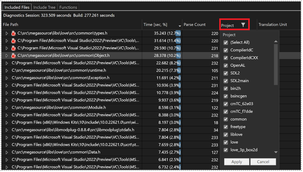 A screenshot of the improved Included Files diagnostics results.