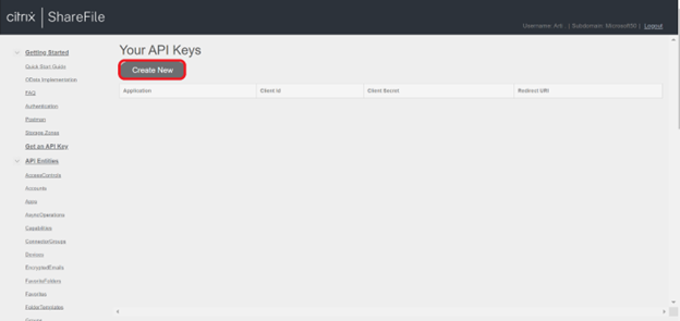 connect Citrix ShareFile create new key.