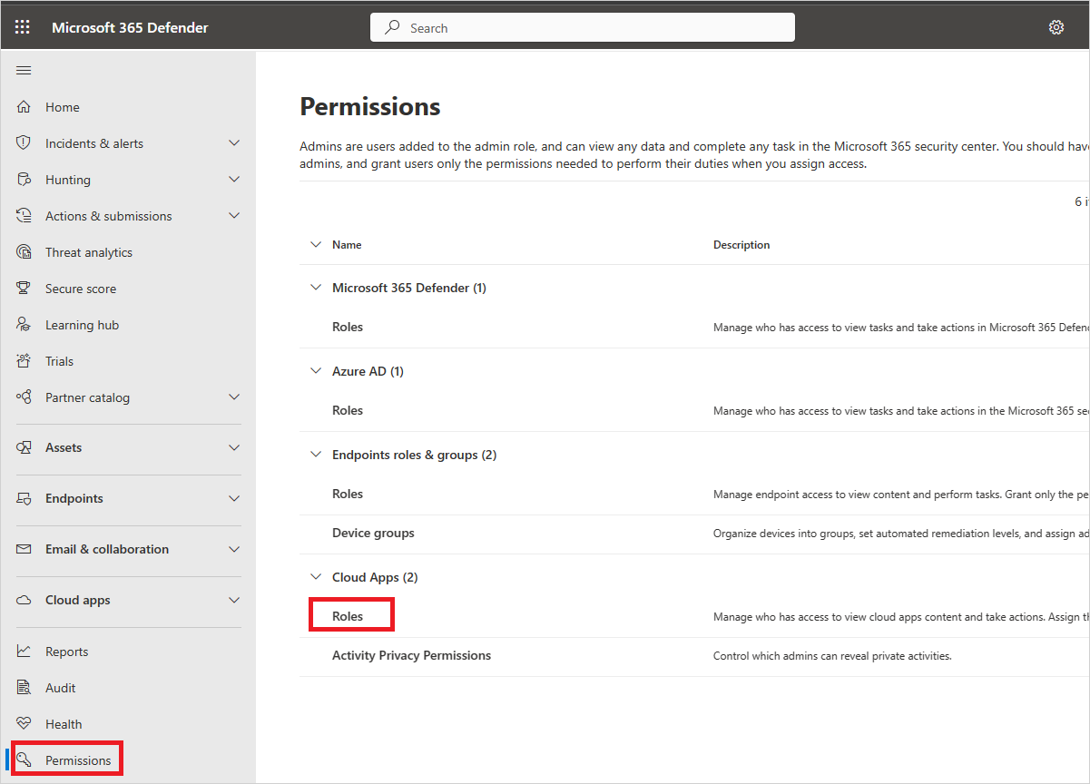 Permissions menu.