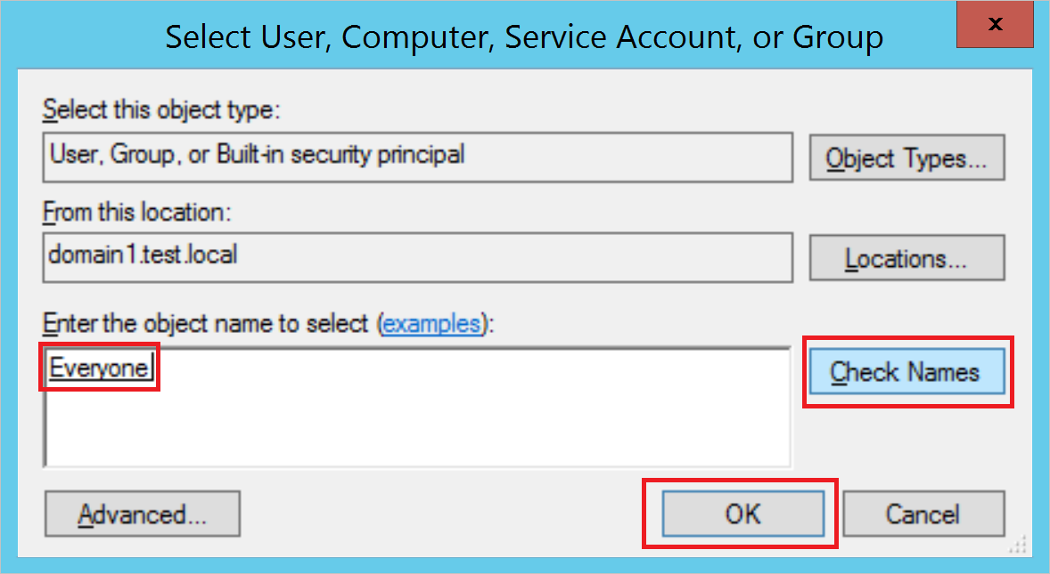 Screenshot of entering an object name of Everyone.