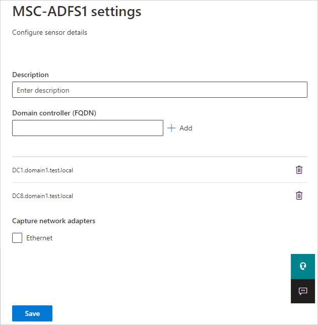 Screenshot of selections for configuring an  Active Directory Federation Services sensor resolver in Defender for Identity.