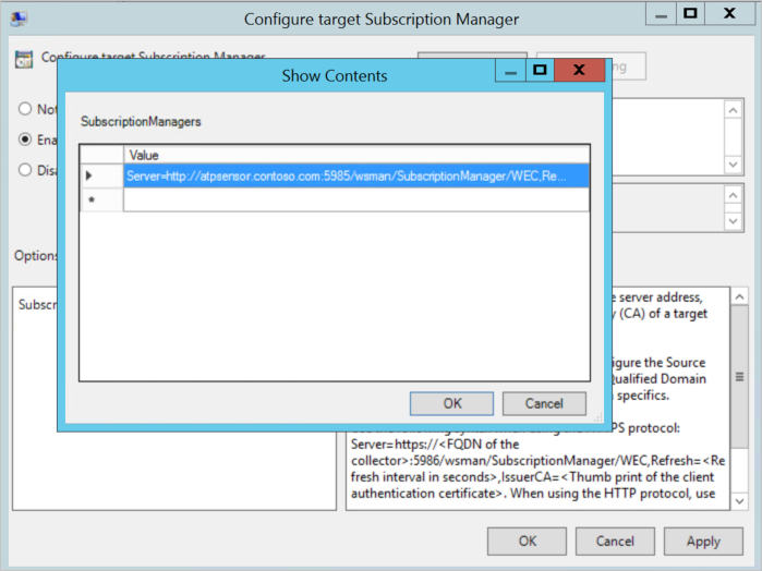 Screenshot of the Configure target subscription dialog.