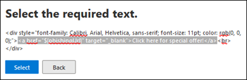 The Selected text location in the message body to add to an indicator in the new payload wizard in Attack simulation training