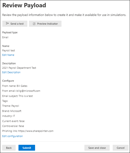 The Review payload page in Attack simulation training in the Microsoft Defender portal