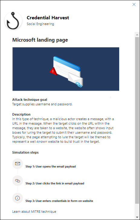 The Details flyout for the credential harvest technique on the Select social engineering techniques page