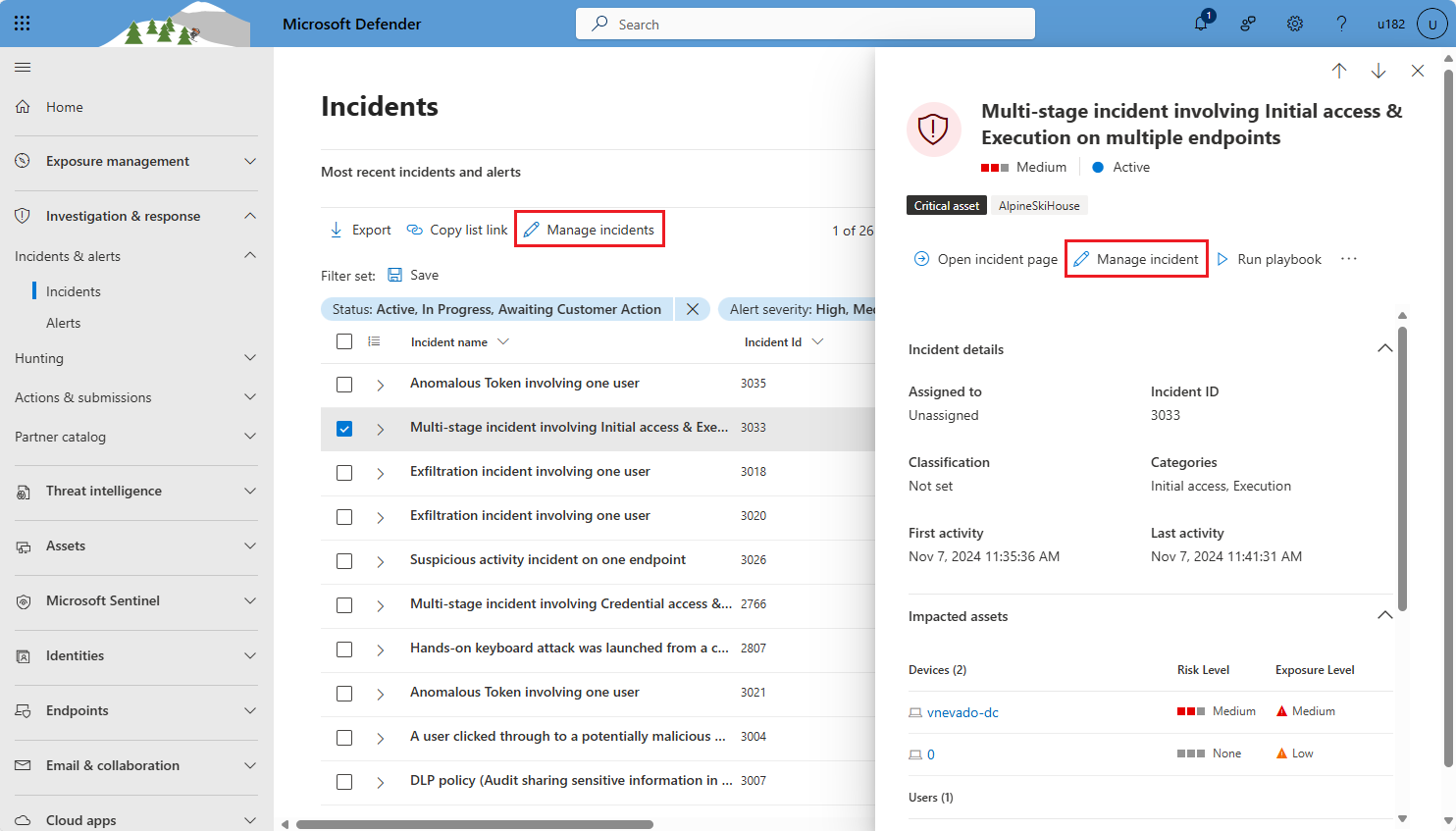 Screenshot showing how to manage incidents from the incidents queue in the Microsoft Defender portal.