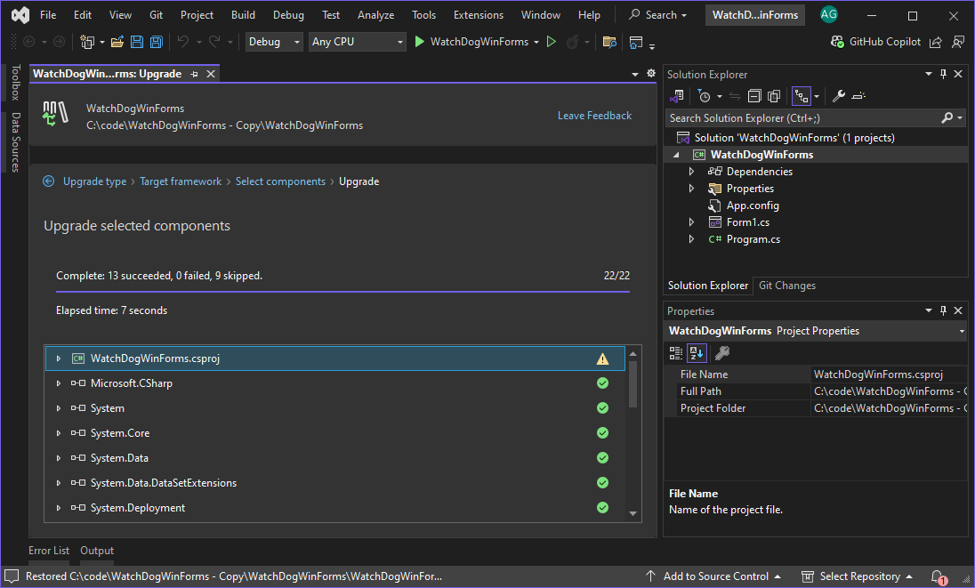 The .NET Upgrade Assistant wizard showing the summary screen. Each artifact processed by the upgrade is listed, with a status icon.