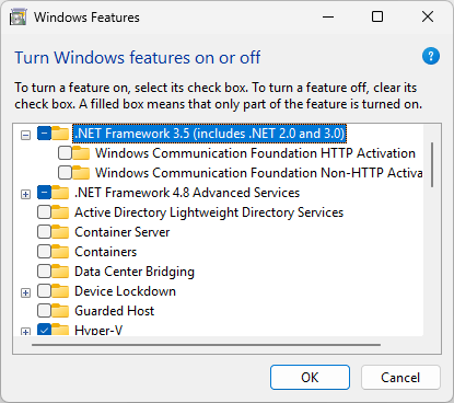 Screenshot of the Windows Features dialog box. .NET Framework 3.5 is selected.