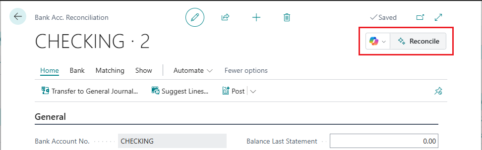 Screenshot that shows the Reconcile with Copilot button on a Bank Acc. Reconciliation card.