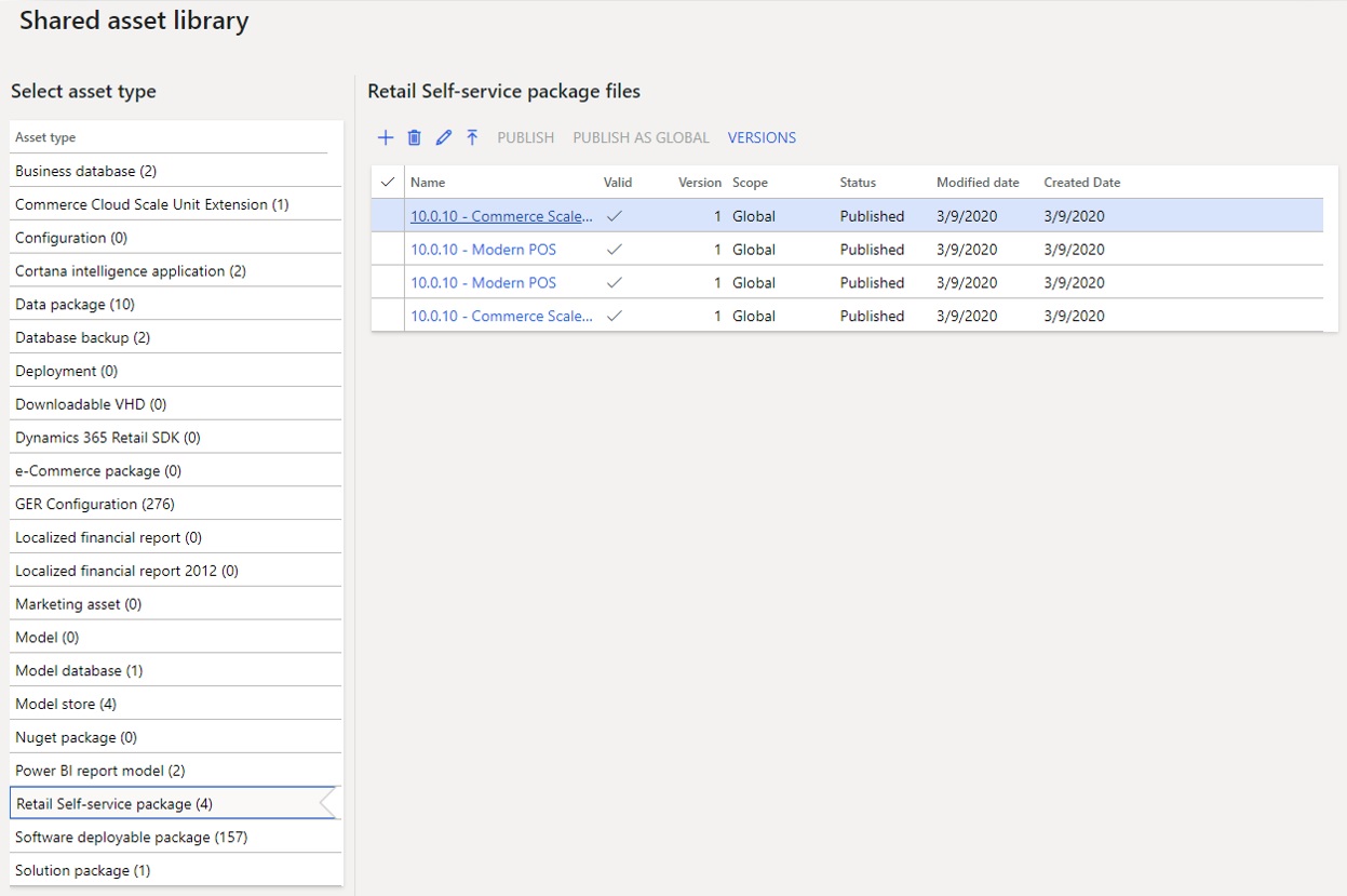 Retail Self-service package subsection in the Shared asset library.